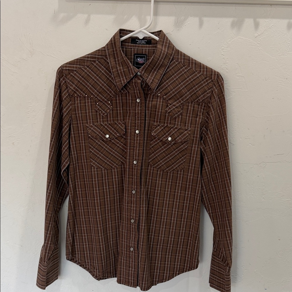 Cruel Girl Brown Plaid Button Down Shirt